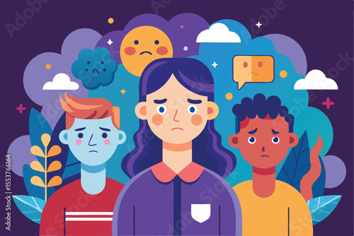 Mental health challenges illustrated through diverse characters expressing emotions in a colorful and engaging visual narrative