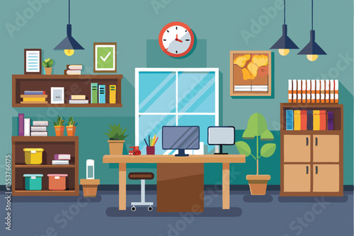 Creative office design featuring modern desk setup with plants and shelves for a productive workspace