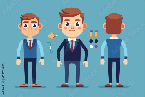 Business man character constructor for animation showcasing multiple angles and design options suitable for creative projects and visual storytelling