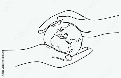 Earth care hands in one line drawing, continuous line planet support, minimalist earth day poster, eco protection sketch, simple vector illustration