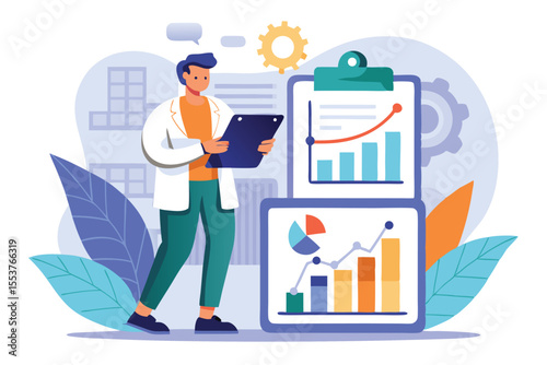 Researcher analyzing data trends and patterns in a modern laboratory setting during the day while using a clipboard for record keeping and observation