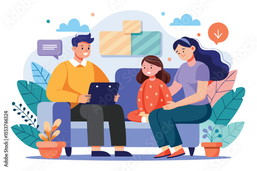 Counselor providing mental health support to a child and parent during a session in a cozy living room setting with plants and soft colors