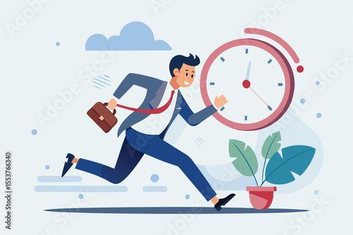 Frustrated businessman rushing to meet a deadline while holding a briefcase and running alongside a clock and a potted plant