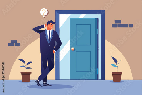Businessman standing in front of a closed door, pondering next steps while balancing professional concerns and curiosity