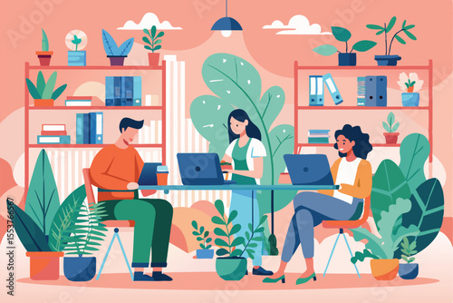 Business professionals collaborate in a modern eco-friendly office space filled with plants and natural light