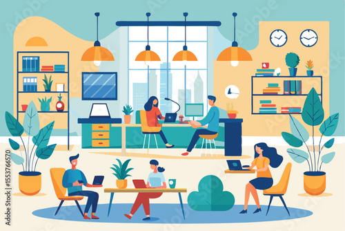 Collaborative flat coworking space featuring diverse individuals engaged in various activities during a busy workday