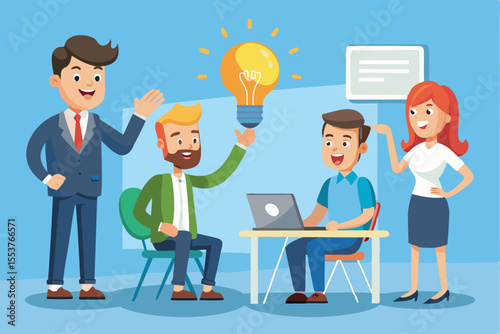 Business idea presentation concept featuring diverse professionals discussing innovative strategies in a modern office environment
