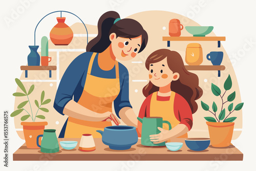 Mother and daughter bond while making pottery together in a cozy workshop setting filled with plants and colorful tools