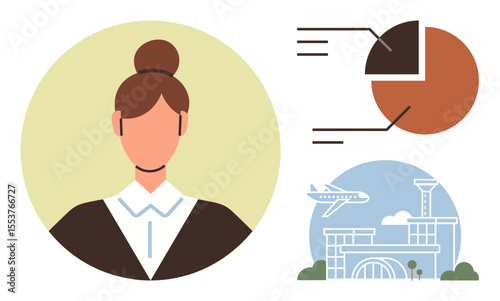 Businesswoman portrait, pie chart with labels, and airport scene visualizing analysis, occupations, global travel, logistics, statistics, aviation and management. Ideal for career visualization