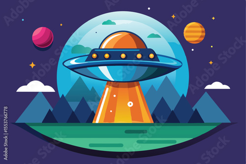 Colorful ufo spaceship landing in a serene landscape with mountains and planets in the night sky, showcasing an imaginative extraterrestrial encounter