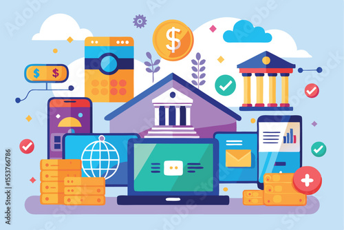 Modern flat illustrations showcasing the functions and features of online mobile banking in a digital financial landscape