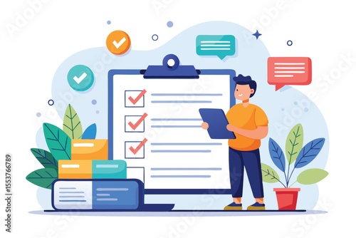 Online survey concept illustrated with a person reviewing questions on a clipboard surrounded by checklists and colorful feedback bubbles