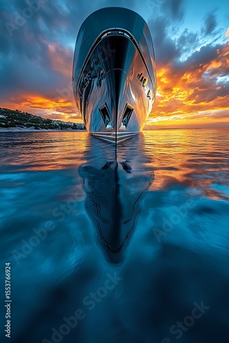 Luxury Yacht at Sunset Reflection in Calm Ocean Water