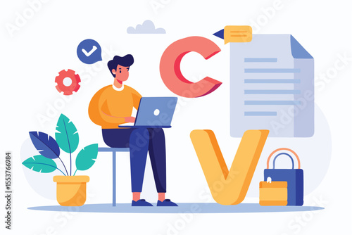 Creative employee designing a CV letter concept in a modern workspace with plants, icons, and a laptop, focusing on enhancing job application skills
