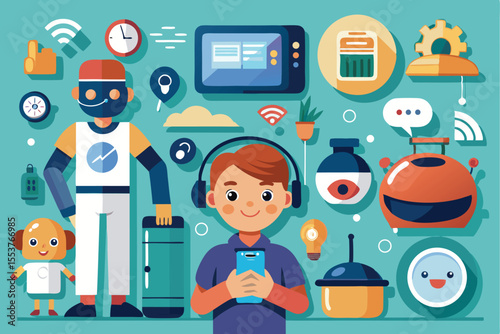 Home automation technology icons showcased with a boy interacting with a smartphone in a lively digital environment