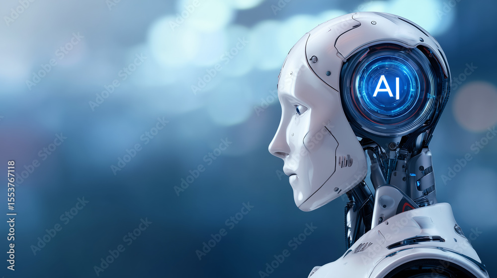 A humanoid robot with a sleek, metallic design showcases an illuminated blue symbol representing artificial intelligence. The background features a soft bokeh effect, creating a modern tech ambiance A humanoid robot with a sleek, metallic design showcases an illuminated blue symbol representing artificial intelligence. The background features a soft bokeh effect, creating a modern tech ambiance