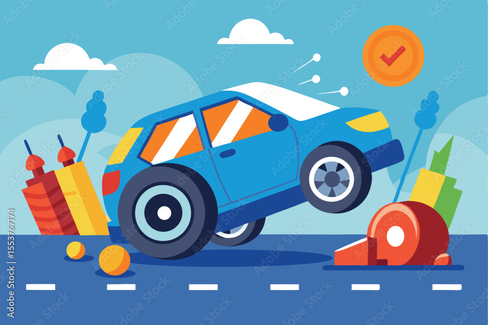 Naklejka premium Flat tire emergency illustrated in a vibrant city setting with a blue car showing an accident scenario during daylight hours