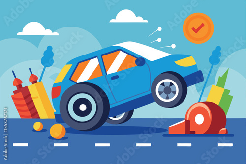 Flat tire emergency illustrated in a vibrant city setting with a blue car showing an accident scenario during daylight hours