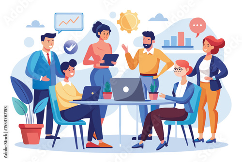 Teamwork concept showcasing a diverse group of men and women collaborating in a modern office environment during a productive meeting focused on brainstorming and planning