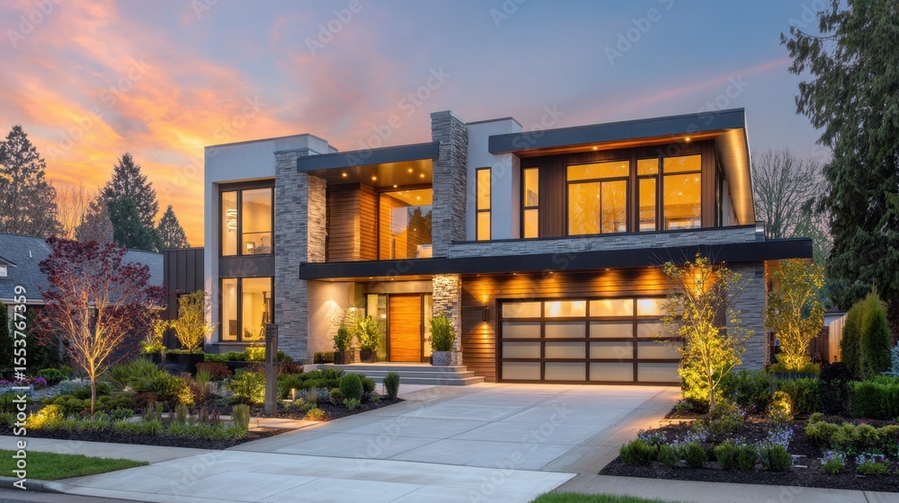 Fototapeta premium Modern home glowing at dusk, warmth and comfort in twilight.