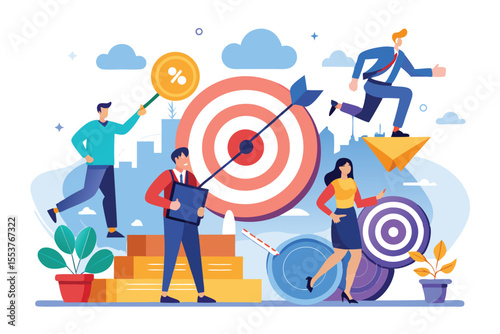 Business goals illustration showing teamwork and success in achieving objectives for modern enterprises with vibrant colors