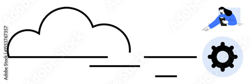 Large cloud outline, user accessing data through device, and gear icon for technology. Ideal for tech, communication, cloud storage, service management, data sharing, innovation simple landing page