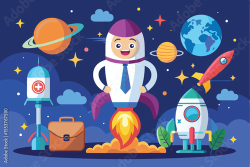 Startup space business concept showcasing a cartoon character in a rocket surrounded by planets and spaceships in a vibrant cosmic environment