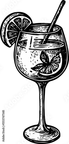 Chic cocktail glass with lemon garnish and straw, perfectly drawn with a relaxed mood