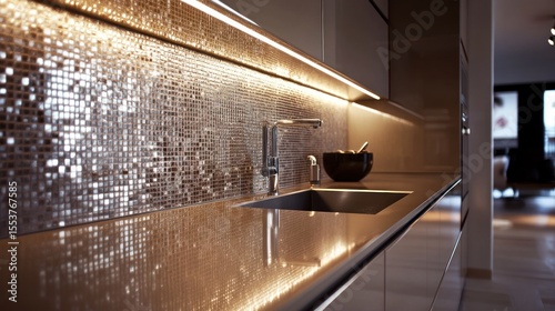 Modern kitchen with gold mosaic backsplash