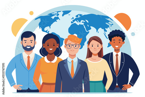 Team of six international office workers collaborating in a global setting with diverse backgrounds and expertise during a professional meeting