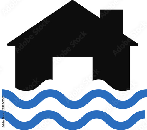 Submerged house icon symbolizing environmental flooding and disaster threat through a simplified visual representation.