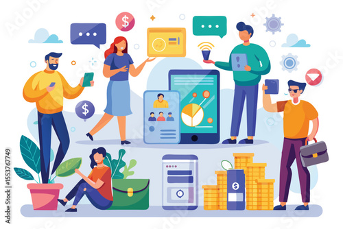 Payment interactions in an online banking environment showcasing users managing finances through various devices and digital platforms