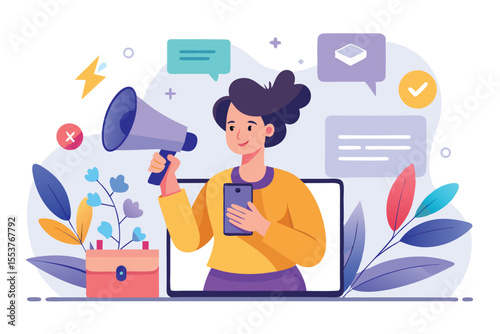 Female character making an announcement using a smartphone while holding a megaphone in a colorful digital environment with speech bubbles and plants nearby