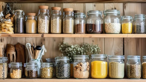 Wooden pantry shelves filled with glass jars of various foods