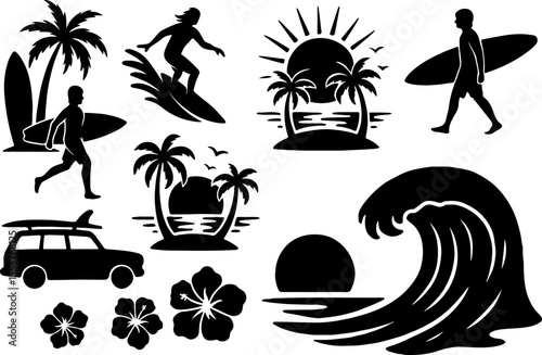 A bold black-and-white silhouette set capturing tropical surf culture—surfers, palm trees, waves, sunsets, beach cars, and hibiscus flowers in a striking composition