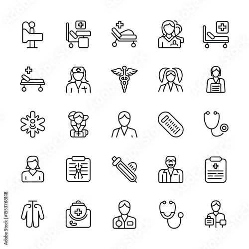 Medical and Healthcare Line Icon Set – 25 Minimalist Black and White Vector Symbols