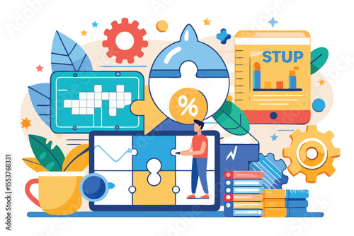 Startup business analysis concept featuring puzzles, charts, and growth indicators in a vibrant and creative environment