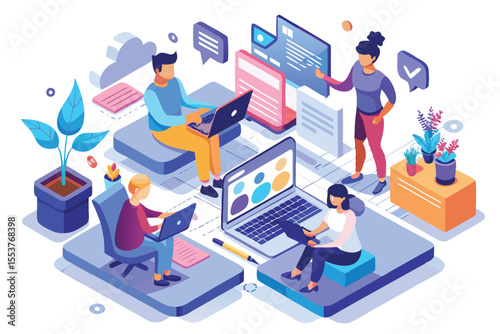 Collaboration among diverse characters in a modern workspace focused on developing innovative ideas and solutions