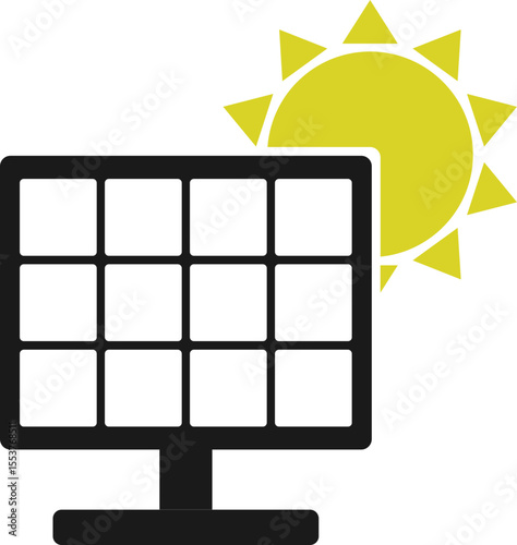 Solar panel displaying solar cells in the foreground with sun icon in the background as source of energy.