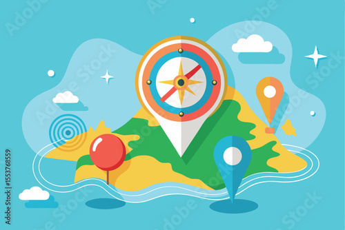 Exploring navigation with a colorful map featuring location pins and a compass on an illustrative landscape