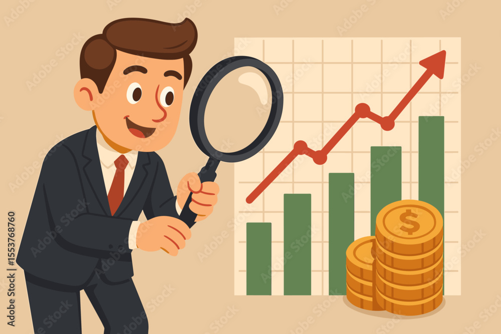 Obraz premium Businessman investment analysis with magnifying glass. Financial advisor researching market growth on bar graph with uptrend arrow and money. Economic success, data, profit concept.