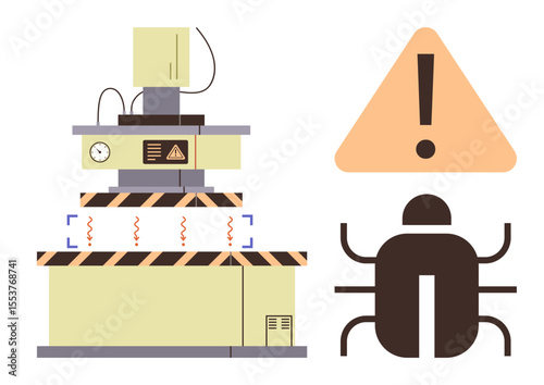 Industrial device emitting signals, caution sign, error bug icon. Ideal for technology, automation, debugging, error management, system monitoring safety problem-solving. Simple flat metaphor
