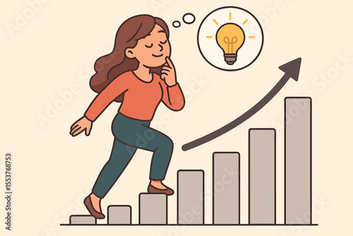 Businesswoman walking up a bar chart staircase, symbolizing career growth and success. Concept of personal development, ambition, and moving up the career ladder with a bright idea.