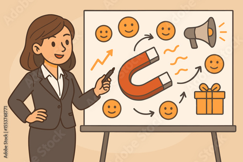 Inbound marketing strategy illustration. Businesswoman presents a plan for customer attraction, lead generation, and retention. Sales funnel concept with magnet, promotion, and loyalty.