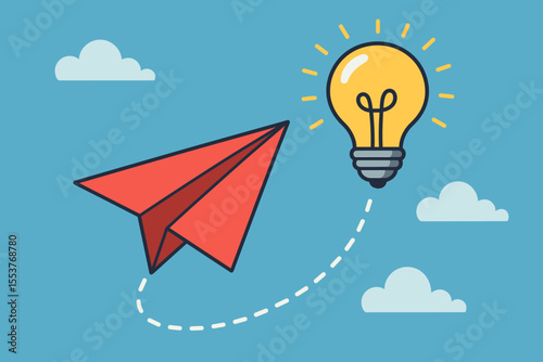 Red paper airplane flying to a lightbulb. Concept of innovative journey, creative idea, and business startup. Metaphor for ambition, goal, strategy, solution, and success.