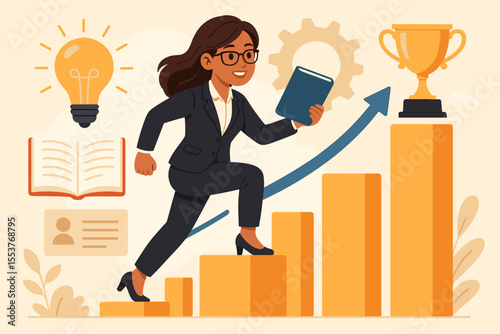 Career growth concept. Businesswoman climbing bar chart stairs to success. Professional development, new skills and knowledge for job promotion. Metaphor for ambition and achievement.