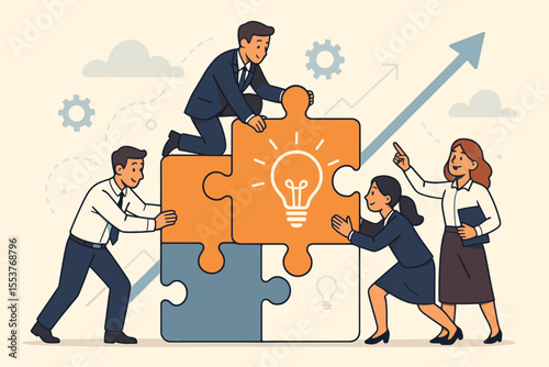 Business teamwork concept for collaborative problem solving. Diverse office team connects jigsaw puzzle pieces with a lightbulb idea. Metaphor for strategy, innovation and growth.