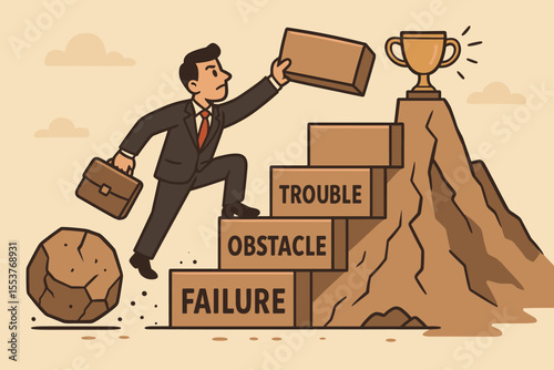 Businessman Climbing Stairs Made of Failure Obstacle Trouble to Reach Success Trophy. Overcoming Challenges, Business Growth, Motivation, Achievement, Career Progress, Vector Illustration