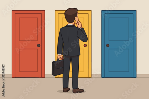 Businessman decision making concept, choosing career path, standing in front of red yellow blue doors, business opportunities, career choices, vector illustration, corporate challenge metaphor