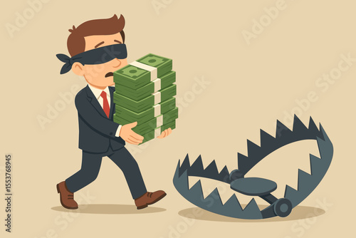 Blindfolded businessman carrying stacks of cash walking into bear trap. Risky investment, financial danger, business mistake, money loss, risk management concept. Vector cartoon illustration